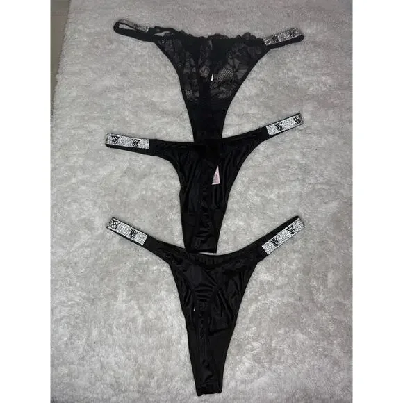 NWT Victoria’s Secret Very Sexy Black "Bling" Thong Bundle 3pc Size L - Picture 2 of 10